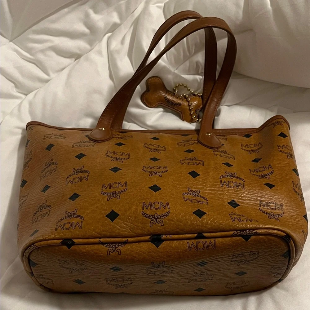 MCM Cognac Brown Visetos Small Tote with Navy and Orange Stripes